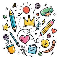 a set of colorful objects including a crown, pencils, pens, and other items vector