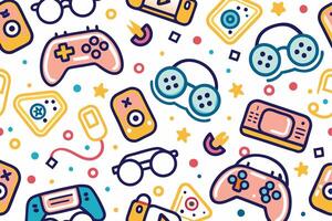 a colorful pattern with game controllers and other items vector