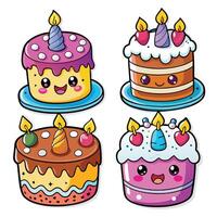 four different birthday cakes with candles on them vector