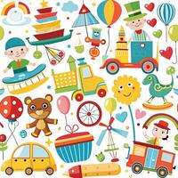 a colorful pattern with toys and other items vector