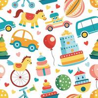a colorful pattern with various toys and vehicles vector