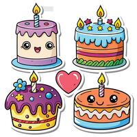 four different cakes with candles and hearts vector
