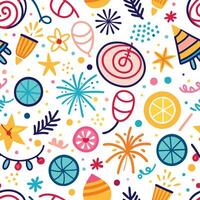 seamless pattern with colorful fireworks and other items vector