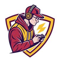 mascot icon game player with headphones and controller set inside shield crest on isolated background done vector