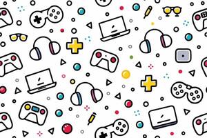 a seamless pattern with variousgame controllers and other items vector