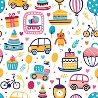 seamless pattern with cute cartoon objects and vehicles vector