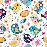 seamless pattern with colorful birds and flowers vector