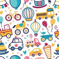 seamless pattern with colorful toys and vehicles vector