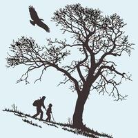 a silhouette of a man and his child walking under a tree vector