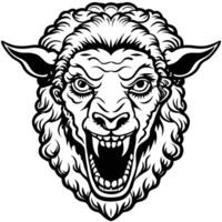 a black and white illustration of a sheep head with its mouth open vector