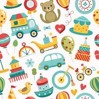 a seamless pattern with various items including a teddy bear, balloons, balloons, and a car vector