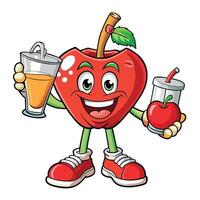 apple cartoon character holding a juice and a drink vector
