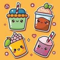 cute smoothie set with different drinks and fruits vector