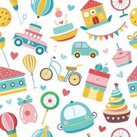 a seamless pattern with various items including a bicycle, balloons, cake and balloons vector