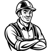 a black and white image of a man in overalls vector