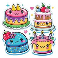 cute cake stickers set with different types of cakes vector
