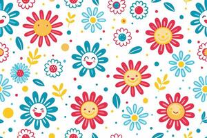 a colorful pattern with flowers and faces vector