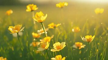 Golden yellow wildflowers gently swaying in a sunlit meadow, bathed in warm sunlight with a soft, dreamy atmosphere and a flat perspective video