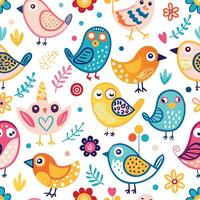 seamless pattern with colorful birds and flowers vector
