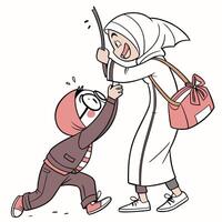 a cartoon woman is helping a boy with a stick vector