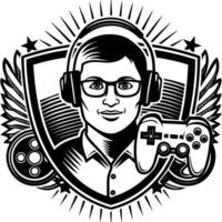a gamer with a controller and glasses vector
