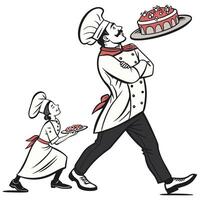 a cartoon chef carrying a plate with a cake vector