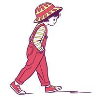 a little boy wearing a hat and overalls walking vector