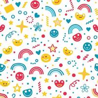 smiley face pattern with rainbow, stars and hearts vector