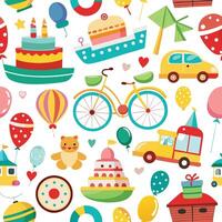 a colorful pattern with various items including a bicycle, balloons, and a cake vector