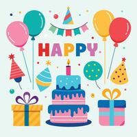 happy birthday card with cake, balloons and gifts vector