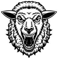 a black and white illustration of a sheep head with fangs vector