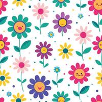 seamless pattern with flowers and smiling faces vector