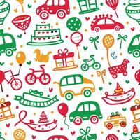 a colorful pattern with cars, bikes, balloons and other items vector