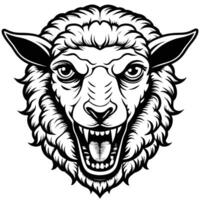a black and white illustration of a sheep head with its mouth open vector