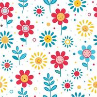 seamless pattern with flowers and smiling faces vector