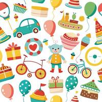 a colorful pattern with various items including a bicycle, balloons, cake and balloons vector