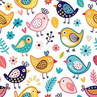 seamless pattern with colorful birds and flowers vector
