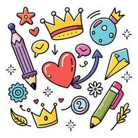 a set of colorful icons with a crown, heart, pencil, and other items vector