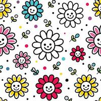 smiling flowers and polka dots seamless pattern vector
