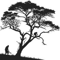 silhouette of a man and a monkey in the tree vector
