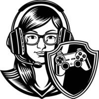 a girl with a headset and controller in front of a shield vector