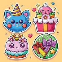 cute kawaii stickers set with cupcakes, cake, and other items vector