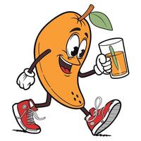 mangos fruit mascot running with a glass of juice vector