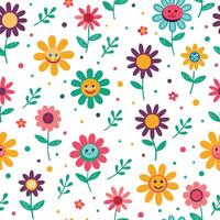 seamless pattern with flowers and smiling faces vector
