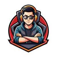 a man wearing headphones and sunglasses is sitting in front of a computer vector