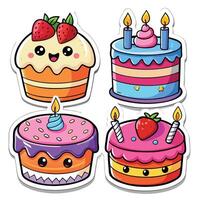 cute cake stickers set with different types of cakes vector