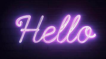 Neon Hello sign glowing in pink and blue tones on a dark background. Futuristic and modern design concept. video