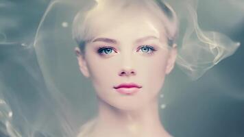 Blurry silhouette of a woman surrounded by soft golden light and abstract shapes. Dreamlike and ethereal concept. video