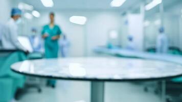Blurred view of a modern hospital operating room with medical staff in the background. Healthcare and surgery concept. video