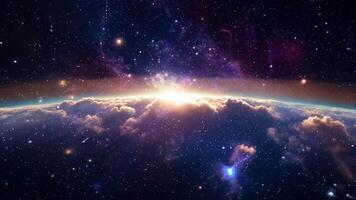 Panoramic view of Earth from space with a glowing atmosphere and stars. Astronomy and exploration concept. video